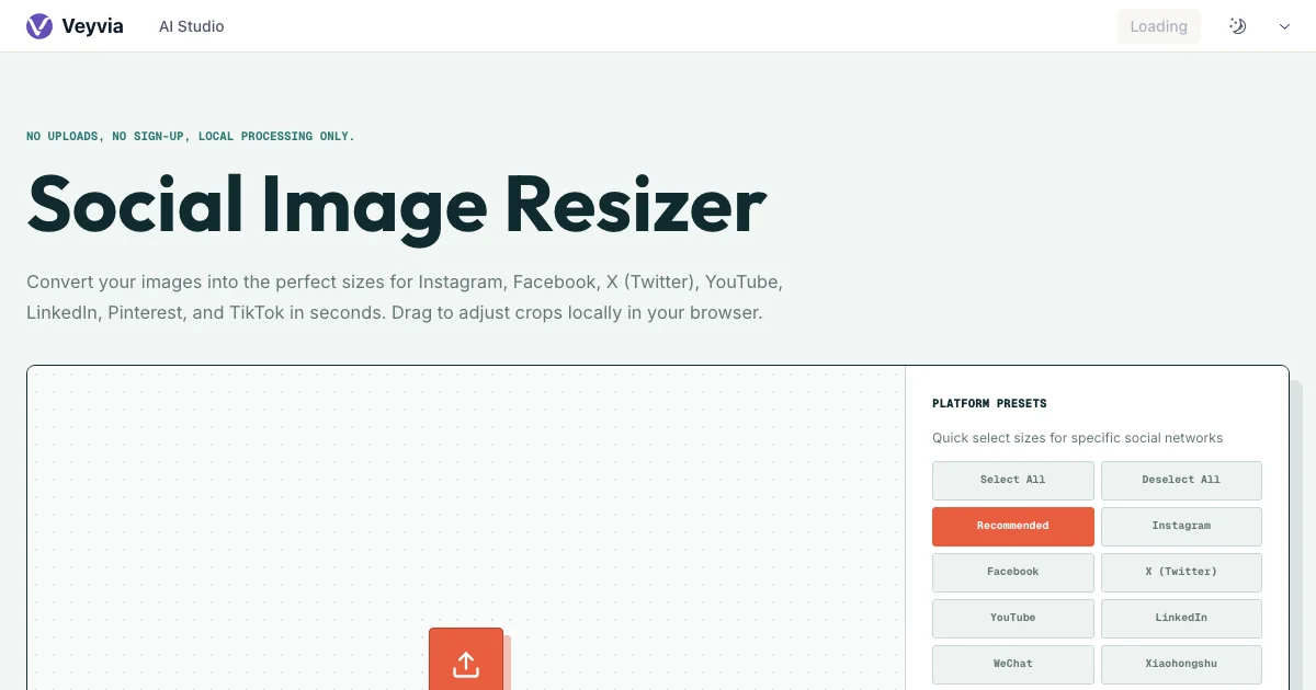 Social media image resizer workspace with platform crop previews